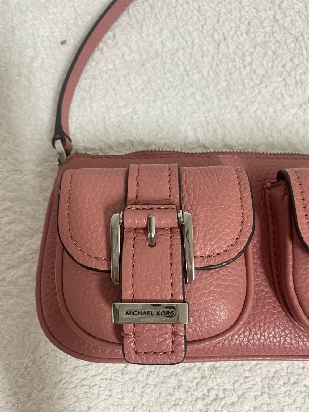MICHAEL Michael Kors Zoe Rose Pink Leather Pouchette with Front Buckle Pockets